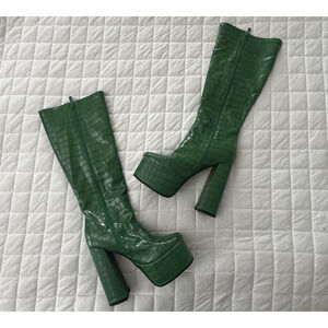JINGPIN Womens Platform Boots 36 Green Faux Crocodile High Block Heel US 6 Glam